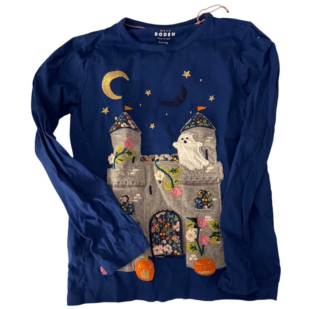 Mini Boden Halloween shirt ghost and castle blue size 8-9